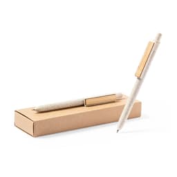A gift set featuring two eco-friendly pens in a light colour with a wooden clip, packaged in a simple cardboard box.