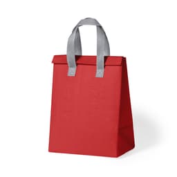 A red cooler bag with grey handles, featuring a simple design and no visible logos.