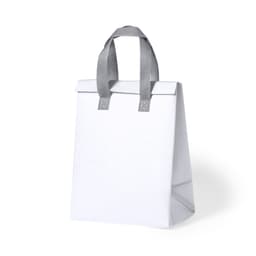 A white cooler bag with grey handles, featuring an enclosed top and a structured design.