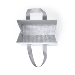 A white cooler bag with silver interior and grey handles, featuring an insulated design for keeping contents cool.