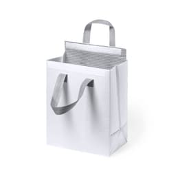 A white cooler bag with silver handles and an insulated interior. It features a logo on the side.