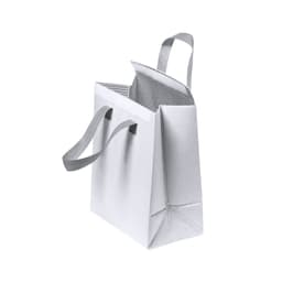 A white cooler bag with grey handles and a lined interior, featuring a logo on one side.