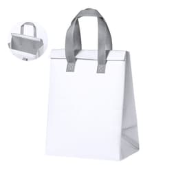 A white cooler bag with grey straps, featuring a fold-over top and a sleek design. It has a logo on the front.
