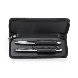 A black case containing two silver pens with black accents, featuring a zipper closure and interior compartments.