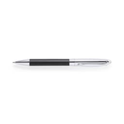 A black pen with a chrome finish, featuring a leather grip and a metal clip. The pen has a sleek design.