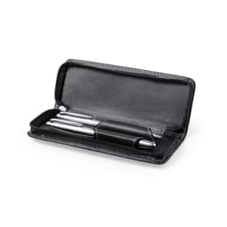 A sleek black pen case containing three silver pens, featuring a smooth interior with zip closure and stitching details.