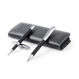 A black leather pouch holds two pens: a silver-tipped ballpoint and a silver-tipped rollerball pen.