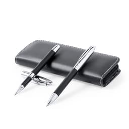 A black pen set with two pens and a sleek leather case featuring a logo.