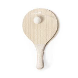 A set of beach rackets in light beige with a white ball on top, featuring a simple textured design and a logo.