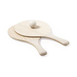 Two wooden beach rackets in natural shades with a small ball. The rackets have handles and a smooth surface.