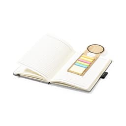 An open notebook with lined pages and a wooden ruler featuring colourful sticky notes. The ruler has a logo.