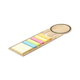 A wooden ruler with a circular cutout, featuring five colourful sticky notes in yellow, pink, and green.