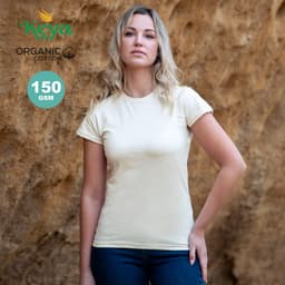 A woman poses in a cream organic cotton T-shirt against a textured backdrop. The shirt has a logo.