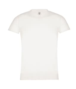 A white women's T-shirt with a classic cut and a logo on the label. It features short sleeves and a round neckline.
