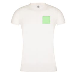 A white women's T-shirt featuring a green square patch on the front and a logo.
