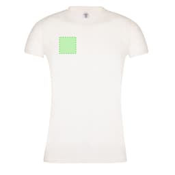 A white women's t-shirt featuring a green square design on the front. The shirt has a fitted style and short sleeves.