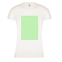 A white women's T-shirt with a green outlined rectangle in the centre. The shirt features a logo.