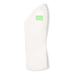 A side view of a white organic women's T-shirt with a blank area on the shoulder for branding.