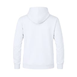 A white lightweight hooded sweatshirt featuring long sleeves and a logo on the back.