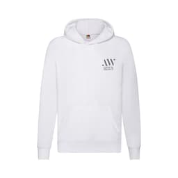 A white lightweight hooded S hoodie featuring a front pocket and a logo on the chest.