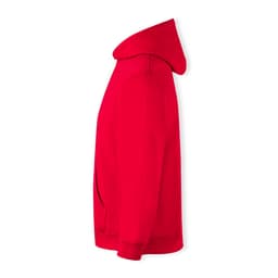 A red lightweight hooded sweatshirt, featuring a hood and a side view with a pocket and branding.