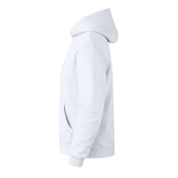 A lightweight hooded sweatshirt in white, featuring a pocket and a hood, with branding visible.