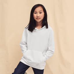 A lightweight hooded sweatshirt in white, featuring a front pocket and a relaxed fit, modeled by a young girl.