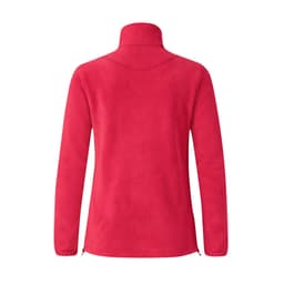 A red polar fleece jacket with a high collar and long sleeves, featuring a logo on the back.