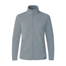A polar fleece jacket in a light grey colour with a full zip and pockets. Features a logo on the hem.