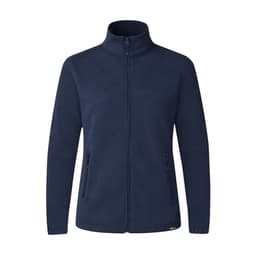 A navy blue polar fleece jacket with a zip front and two side pockets, featuring a logo.