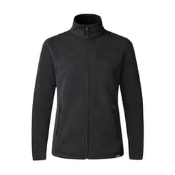 A black polar fleece jacket with a full zip and two side pockets, featuring a logo on the front.
