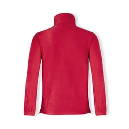 A red polar fleece jacket with a stand-up collar and long sleeves, featuring a logo on the back.