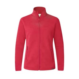 A red polar fleece jacket featuring a high collar and zippered pockets. The jacket has a logo on it.