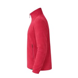 A polar fleece jacket in bright pink with a high collar and a side zip pocket, featuring a logo on the front.