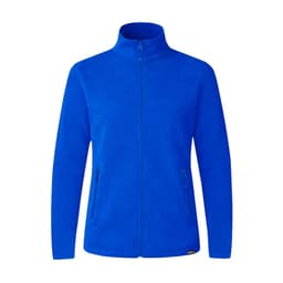 A blue polar fleece jacket with a zip front and two side pockets, featuring a logo on the hem.