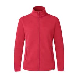 A red polar fleece jacket featuring a full front zip and two side pockets. It has a logo on the hem.