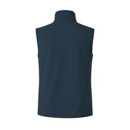 A navy Jandro Jacket vest featuring a high collar and no sleeves, with a logo on the back.