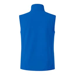 A blue sleeveless vest with a high collar and a smooth finish, featuring a logo on the back.