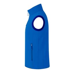 A blue vest with a high collar and a side zipper pocket. It features a logo on the material.