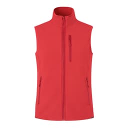 A red vest with a high collar and zippered pockets, featuring a logo on the front.