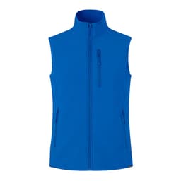 A bright blue vest with a high collar and zippered front, featuring three zippered pockets and no sleeves.