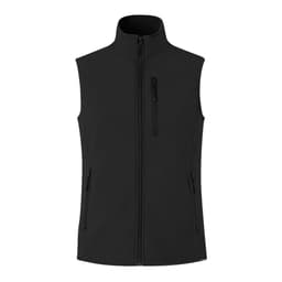 A black vest featuring a high collar and zippered pockets, with a logo on it.