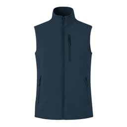 A navy blue vest with a high collar, featuring front zip and zippered pockets, and a logo on the chest.
