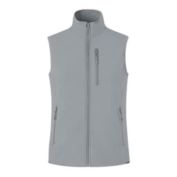 A grey vest with a high collar, featuring a front zip and three pockets, including a chest pocket.
