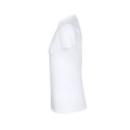 A white adult T-shirt with a short-sleeve design and a fitted silhouette. Features a logo on the side.