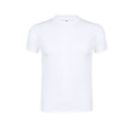 A plain white adult T-shirt with a round neck and short sleeves, featuring a small logo.