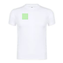 A plain white adult T-shirt featuring a square area on the front, indicating a logo or design placement.