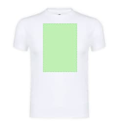 A white adult T-shirt featuring a blank green square area for custom designs. It has a logo on the tag.