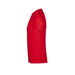 A red adult T-shirt with short sleeves, featuring a logo on the side.