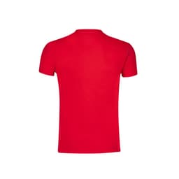 A red adult T-shirt with a round neck and short sleeves, featuring a logo on the back.